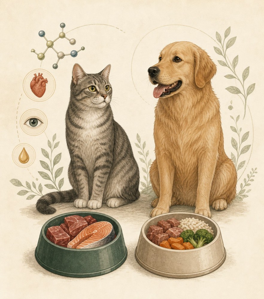 一猫一狗对比插图:猫食盆里放着生肉与三文鱼,狗食盆里则搭配了谷物蔬菜,旁边有心脏、眼睛、油滴等图标,象征猫作为专性肉食动物的特殊营养需求