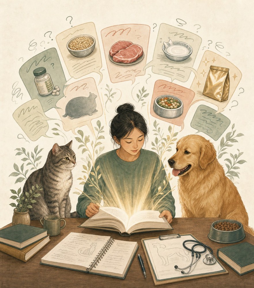 女性在灯光下翻阅发光的书本,一猫一狗陪伴左右,周围漂浮着谷物、肉类、牛奶、补充剂、粮袋等对话气泡,象征各种流传的喂养说法