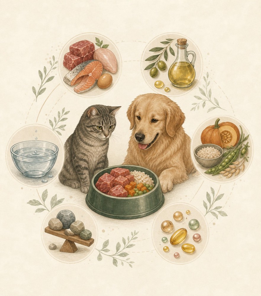 一猫一狗围绕着食盆，周围六个圆形图标分别代表蛋白质、脂肪、碳水、维生素、矿物质与水六块营养基石