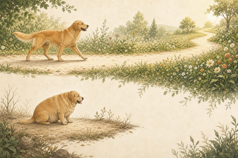上下对比插图：一只体态匀称的金毛在小径上轻快前行，另一只体型肥胖的金毛疲惫地坐在原地