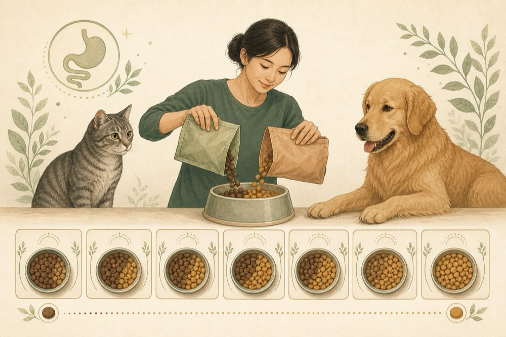 女性将两袋粮倒入食盆喂猫和狗,下方一排食盆展示一周的定量喂食安排,左上角有胃部图标