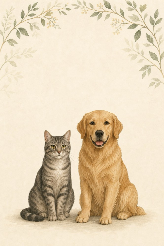 一猫一狗安静地并排坐着，插画风格清新